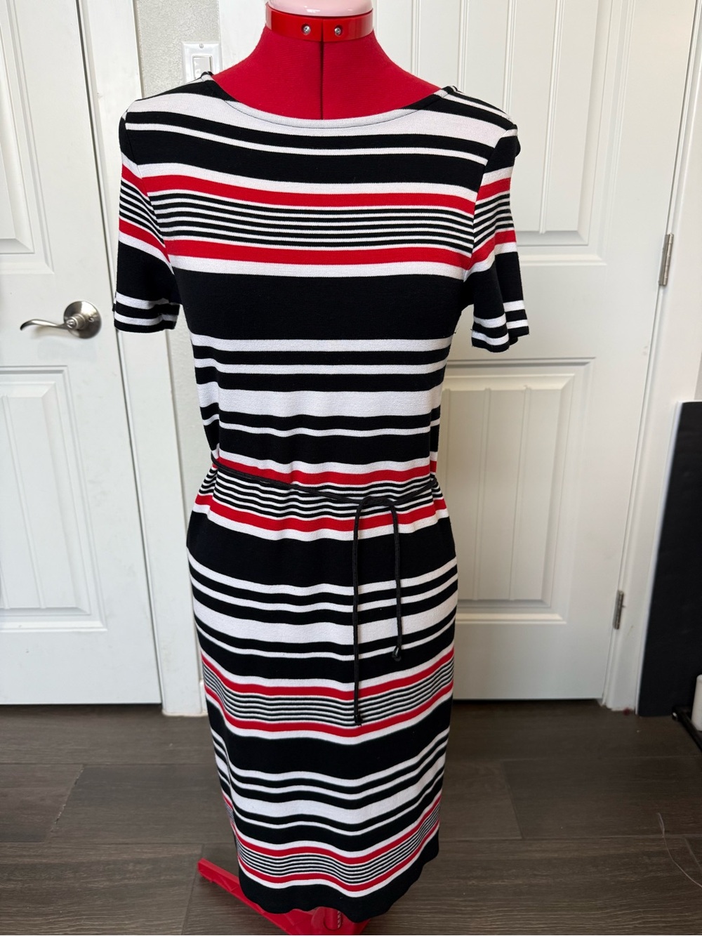 SADE New York Striped Knit Waist-Tie Dress in Black, White & Red